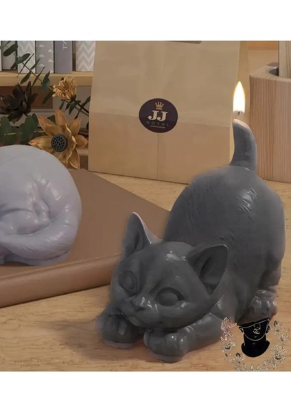 2'li Minimal Esneyen Kedi Doğal Soya Mum