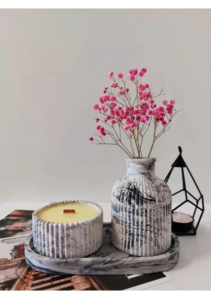 Şık Mermer Desenli Seramik Vazo ve Mumluk Seti - Modern ve Minimalist Dekorasyon