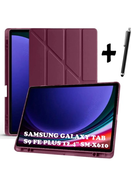 Samsung Galaxy Tab S9 Fe Plus 12.4 Kılıf Kalem Bölmeli Katlanabilir Standlı Silikon + Kalem SM-X610 Bordo