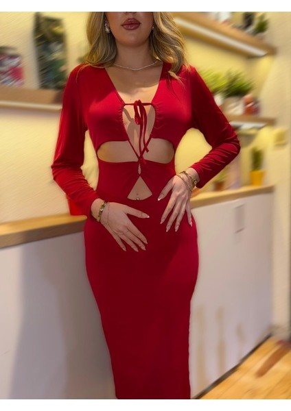 Kadın Uzun Kollu Göğüs ve Göbek Dekolte Detay Sandy Midi Boy Elbise