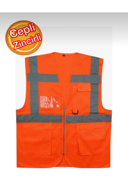 Mühendis Tipi Cepli Ikaz Yeleği Fosforlu Güvenlik Yeleği Turuncu M Beden Fermuarlı