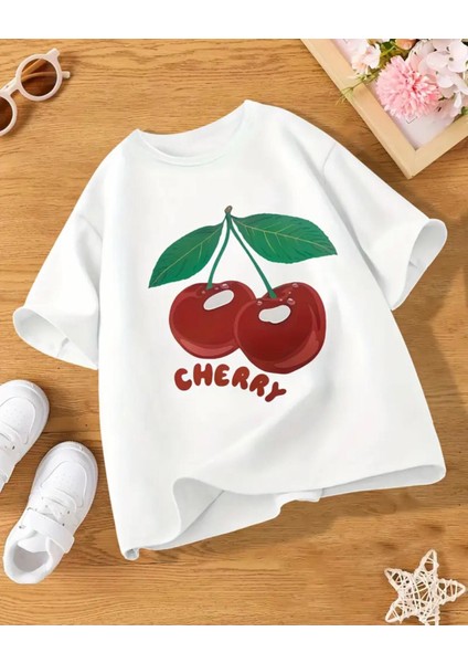 Punıx Kıds Özel Üretim Cherry Baskılı Yeni Stil Kız Çocuk Ter Tutmayan Yazlık T-Shırt