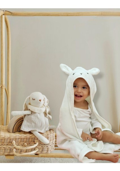 Pamuklu Yumuşacık Kız-Erkek Bebek/yenidoğan Banyo Havlu Kundak Krem/tavşan