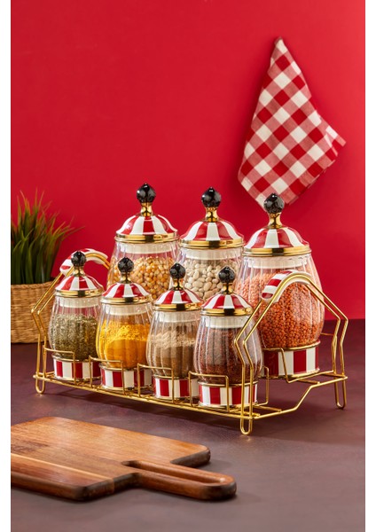 Lüks Cam & Porselen Kapaklı 7’li Baharat Takımı – Altın Detaylı Şık Stantlı Baharatlık Seti