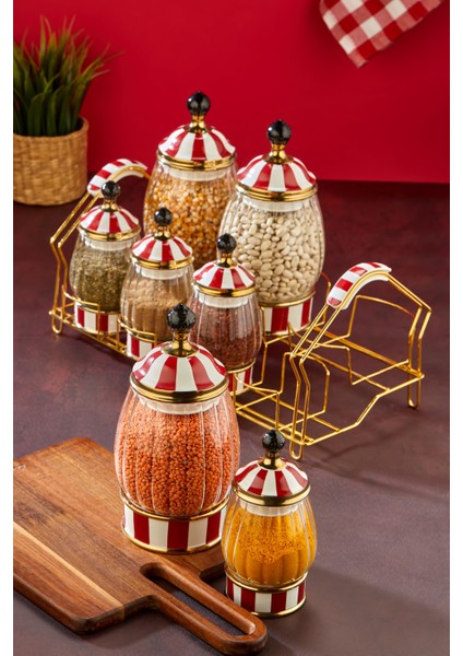 Lüks Cam & Porselen Kapaklı 7’li Baharat Takımı – Altın Detaylı Şık Stantlı Baharatlık Seti modelleri