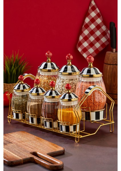 Lüks Cam & Porselen Kapaklı 7’li Baharat Takımı – Altın Detaylı Şık Stantlı Baharatlık Seti