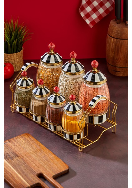 Lüks Cam & Porselen Kapaklı 7’li Baharat Takımı – Altın Detaylı Şık Stantlı Baharatlık Seti modelleri