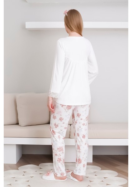 Hamile Pijama Takımı Melisa Kumaş Çiçek Desenli / Dantel Detaylı Önü Düğmeli