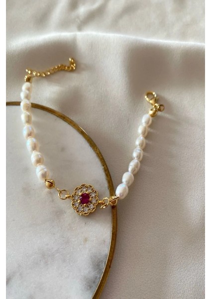 Fuşya Vintage Detaylı Doğal İnci Bileklik