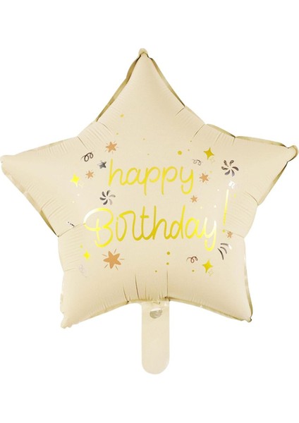 Retro Krem Happy Bırthday Baskılı Yıldız Folyo Balon 18 Inç