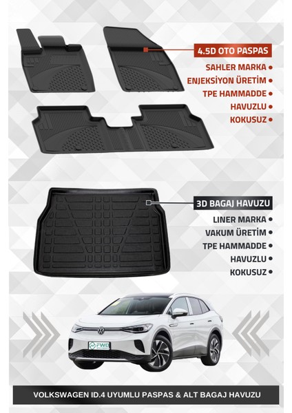Volkswagen Id.4 2020+ Uyumlu 4.5d Premium Havuzlu Oto Paspas ve Liner Marka 3D Alt Bagaj Havuzu