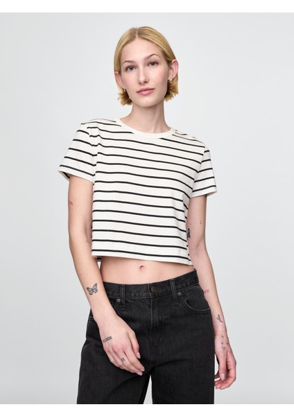 Kadın Beyaz %100 Organik Pamuk Vintage Soft Crop T-Shirt