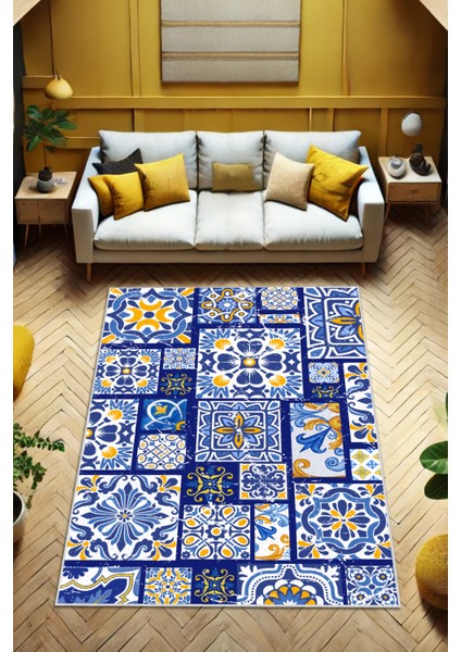 Patchwork Seramik Desenli Dokuma Tabanlı Yazlık Halısı Çini Desenli Oturma Odası Halısı