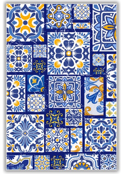 Patchwork Seramik Desenli Dokuma Tabanlı Yazlık Halısı Çini Desenli Oturma Odası Halısı