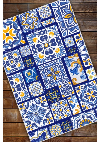 Patchwork Seramik Desenli Dokuma Tabanlı Yazlık Halısı Çini Desenli Oturma Odası Halısı