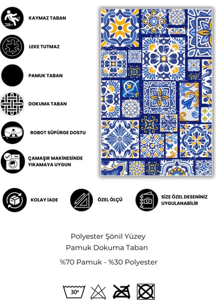 Patchwork Seramik Desenli Dokuma Tabanlı Yazlık Halısı Çini Desenli Oturma Odası Halısı