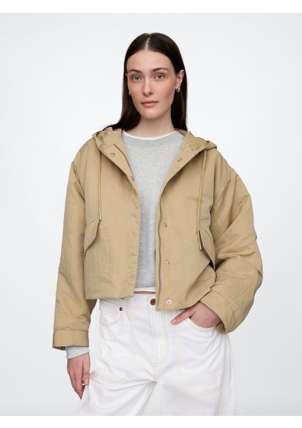 Kadın Bej Kapüşonlu Crop Ceket