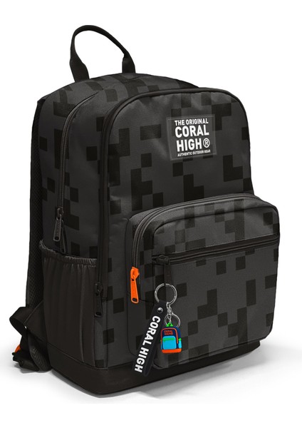 Siyah Blok Desenli Dört Bölmeli Okul Sırt Çantası 23694