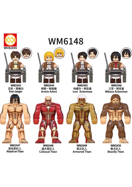 8 Adet/takım WM6148 Titan Bloklarına Saldırı Eren Anime Karikatür Tuğla Mini Aksiyon Oyuncak Figürler Yapı Taşları Erem Jaeger Armin Levi Mikasa Bebek (Yurt Dışından)
