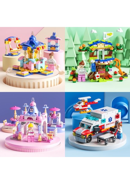 Hazır Stok Mini 6 In 1 Yapı Taşları Çocuklar Için Dıy Eğitici Oyun Polis Uçağı ve Itfaiye Aracı ve Kale Modeli Yapı Taşları Stilleri: Inşaat Filosu (Yurt Dışından) modelleri