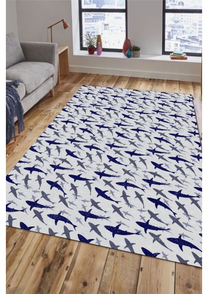 Deniz Temalı Köpek Balığı Desenli Scuba Dijital Baskılı Oturma Odası Halısı