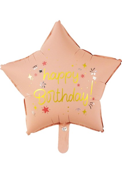 Retro Pembe Happy Bırthday Baskılı Yıldız Folyo Balon 18 Inç