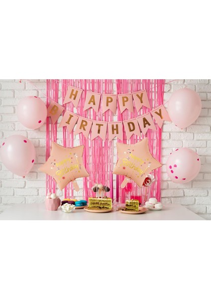 Retro Pembe Happy Bırthday Baskılı Yıldız Folyo Balon 18 Inç modelleri