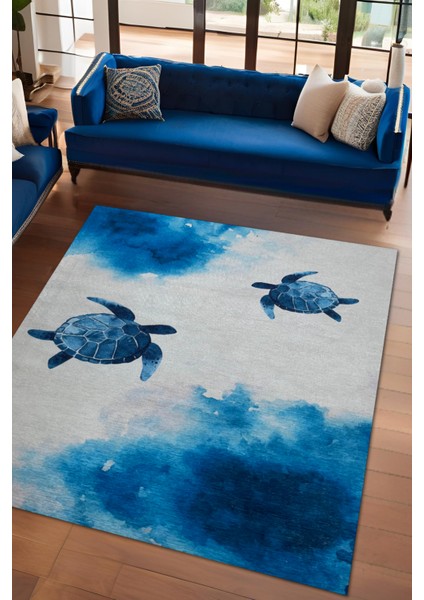 Deniz Kaplumbağası Desenli Dokuma Kaymaz Tabanlı Tatil Halısı Oturma Odası Halısı