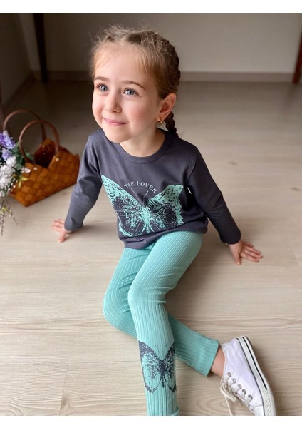 Kelebek Baskı Fitilli Kız Tayt Takım