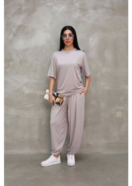Osy Modal Yumuşak Dokulu Kumaş Oversize Bisiklet Yaka T-Shirt Jogger Eşofman Altı Eşofman Takımı - Gri
