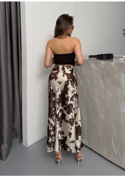 Kadın Kendinden Desenli Uzun Krem Saten Etek indirimleri