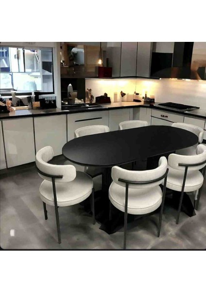 Defne 80x140 cm Oval Lak Kaplama siyah Mdf Lam 6 ad Sandalyeli Mutfak yemek Masası mutfak takimi masa sandalye