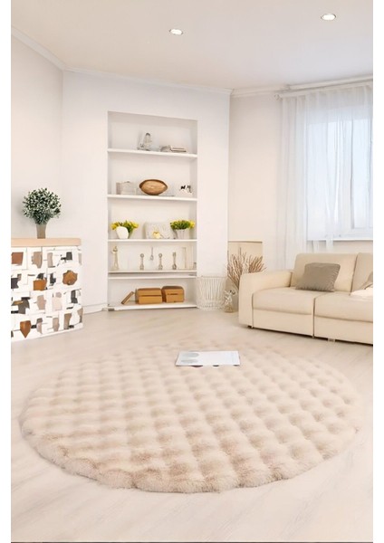 Bubble Yuvarlak Bej Uzun Tüylü Yumuşak Peluş Kaymaz Yıkanabilir Salon Oturma Odası Balkon Halısı