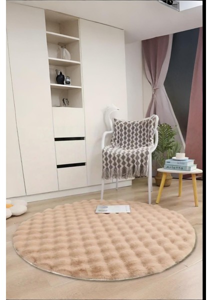 Bubble Yuvarlak Açık Bej Uzun Tüylü Yumuşak Peluş Kaymaz Yıkanabilir Salon Oturma Odası Balkon Halı