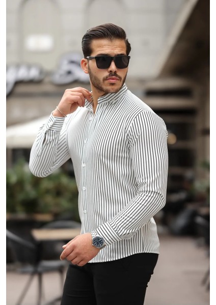 Çizgili Düğme Kapamalı Slimfit Gömlek