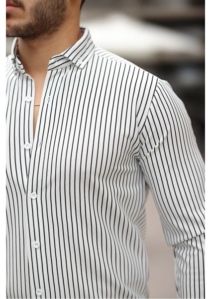 Çizgili Düğme Kapamalı Slimfit Gömlek modelleri