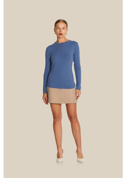 Uzun Kollu Basic Indigo Bluz