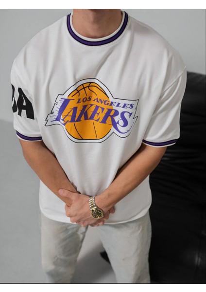 Oversıze Lakers Los Angeles Tişört - Likralı Full Kompak Penye Lakers T-Shırt