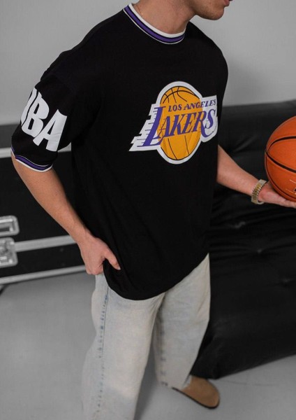 Oversıze Lakers Los Angeles Tişört - Likralı Full Kompak Penye Lakers T-Shırt