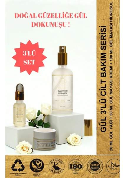 50ml Gül Mayası Kremi 20 ml Gül Yağı 100ml Gül Mayası Hidrosol 3'lü Cilt Bakım Serisi