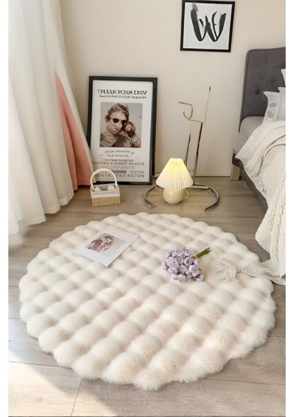 Bubble Yuvarlak Krem Uzun Tüylü Yumuşak Peluş Kaymaz Yıkanabilir Salon Oturma Odası Balkon Halı