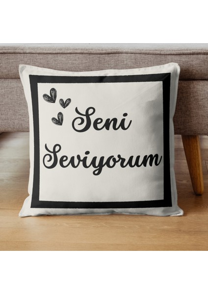 Seni Seviyorum Desenli Hediyelik Dekoratif Kırlent Yastık Kılıfı 43 x 43 cm Krem-Siyah