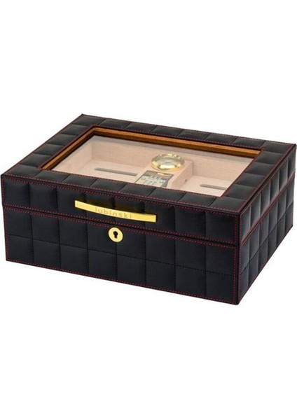 Deri Camlı Humidor Puro Kutusu Siyah 50s