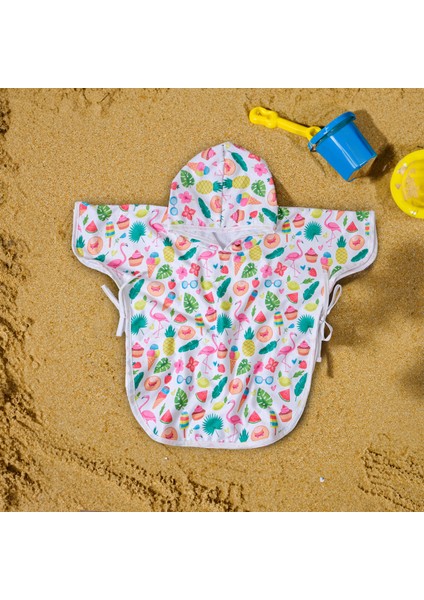 Havlu Bebek Çocuk Panço Plaj Havlu Kapüşonlu Bağlamalı Pembe Flamingo Şapka Desenli