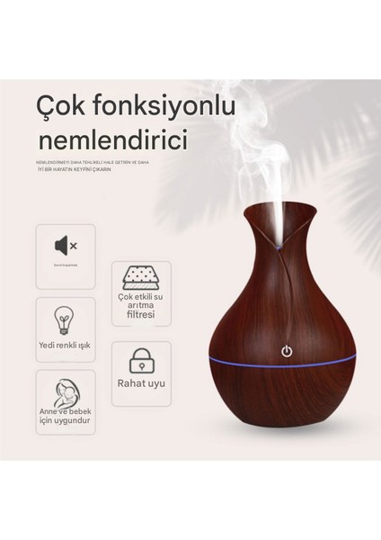 Ahşap Vazo Görünümlü7 Led Işıklı Aromatik Oda Kokusu Hava Nemlendirici