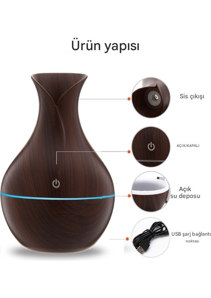 Ahşap Vazo Görünümlü7 Led Işıklı Aromatik Oda Kokusu Hava Nemlendirici