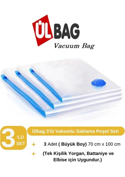 (3 Adet) Büyük Boy 70 cm x 100 cm Vakumlu Poşet- Vakumlu Hurç