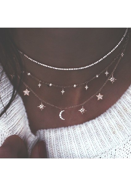 NE-0449-14 Bohemian Çok Katmanlı Ay Yıldız Kolye Kadınlar Için Altın Renk Vintage Kolye Kolye Geometri Chokers Takı Hediye (Yurt Dışından)