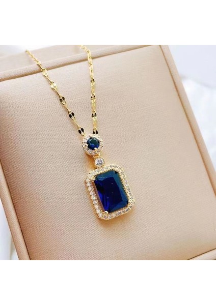 X0004-BL Zümrüt Kolye Kadın Zirkon Kristal Kolye Kadın Retro Moda Yönlü Mizaç Takı Kolye Kadın (Yurt Dışından)