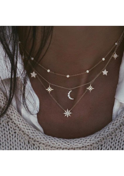 NE-0449-32 Bohemian Çok Katmanlı Ay Yıldız Kolye Kadınlar Için Altın Renk Vintage Kolye Kolye Geometri Chokers Takı Hediye (Yurt Dışından)